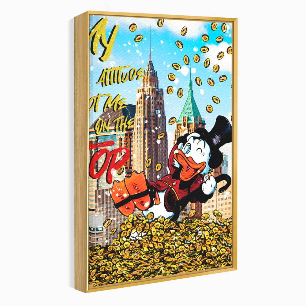 Tablou canvas cu tablou canvas cu scrooge mcduck pe munte de bani, in rama de aluminiu auriu
